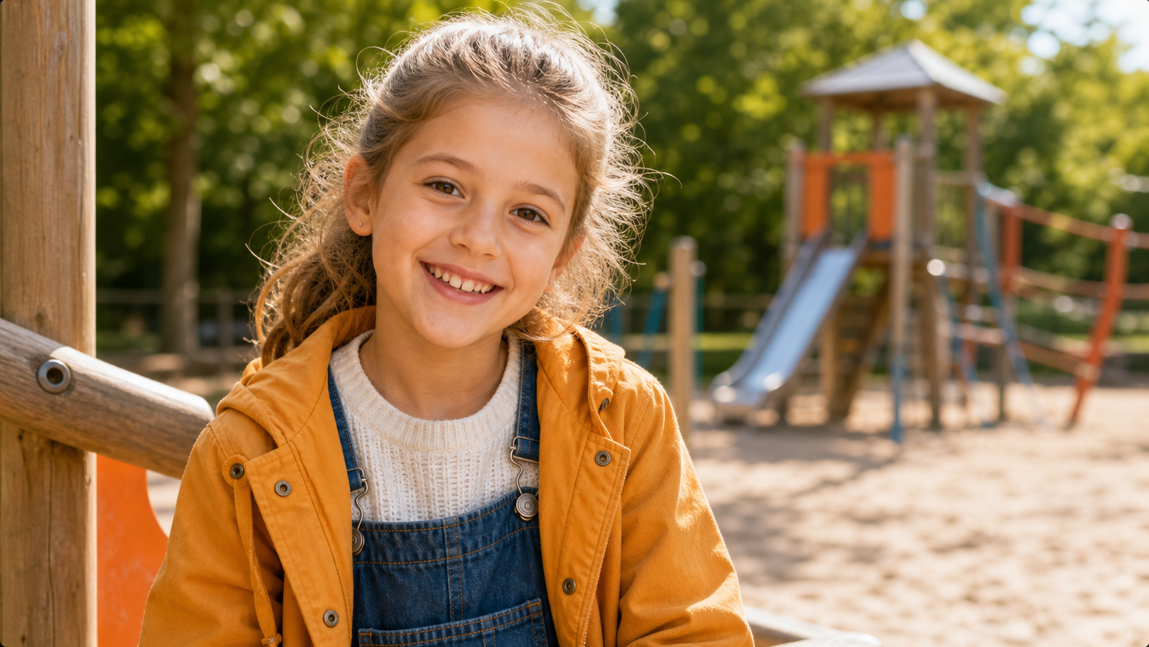 Lächelndes Mädchen auf einem Spielplatz in Monheim
