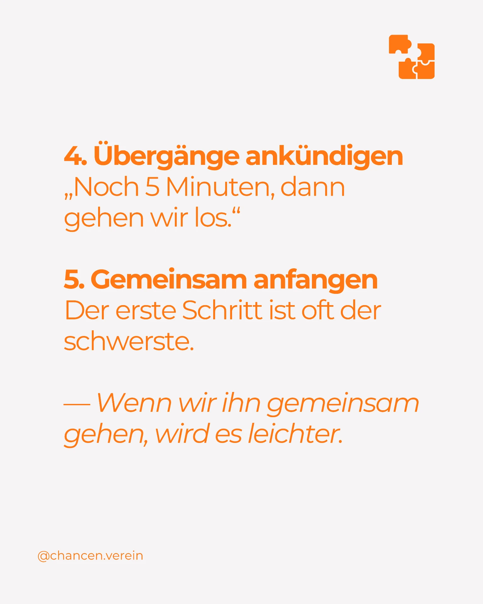 Grafik mit den Punkten 4 und 5: Übergänge ankündigen und gemeinsam anfangen