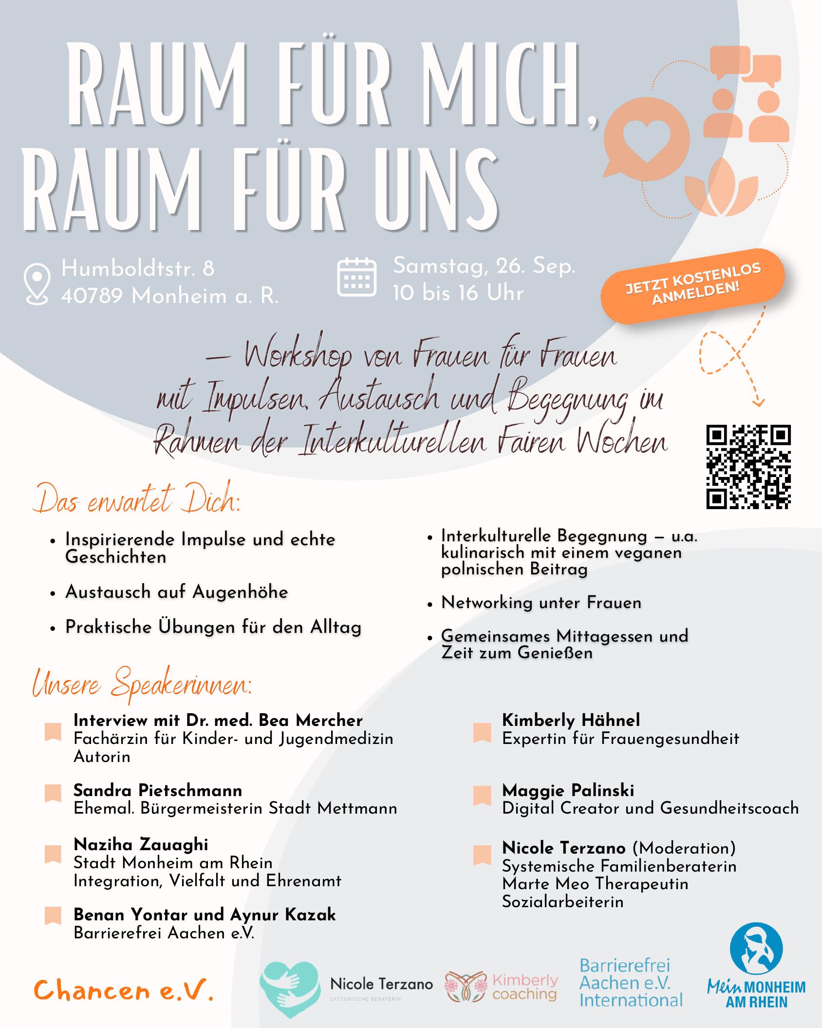 Flyer Seite 1 zum Frauen-Workshop Raum für mich, Raum für uns am 26. September 2026 in Monheim am Rhein mit Termin, Ort und Programm