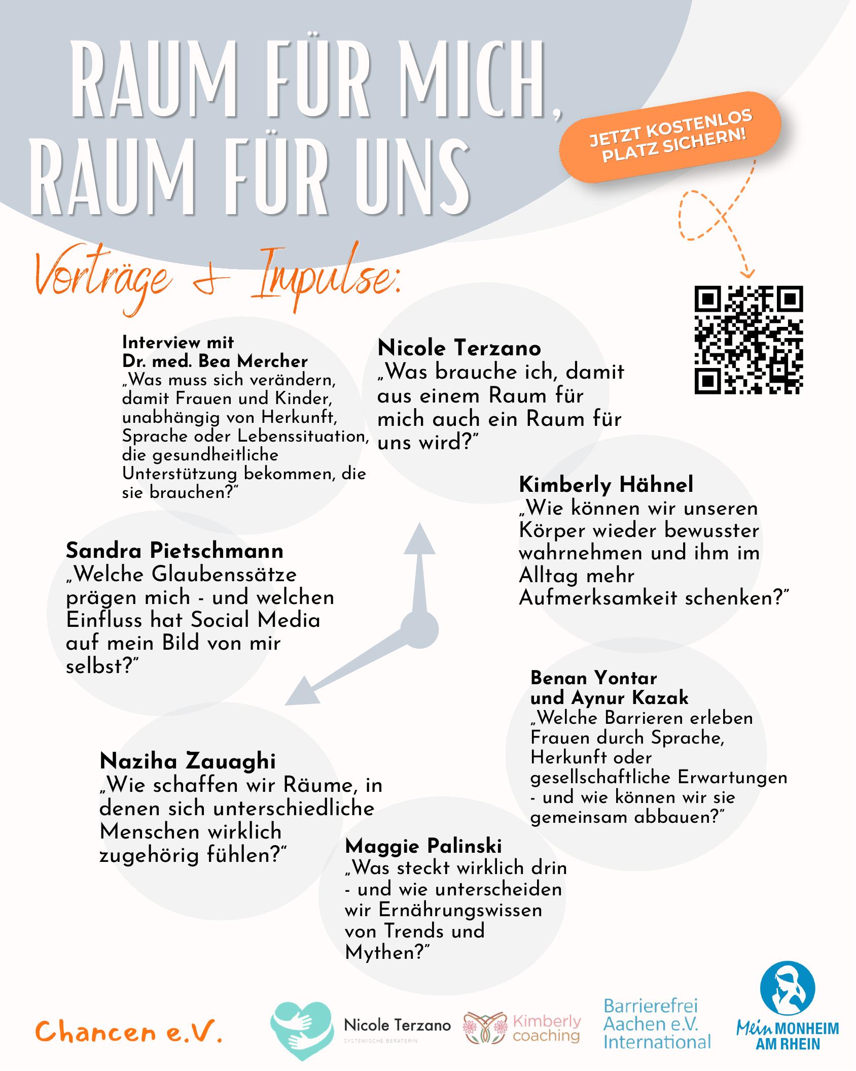 Flyer Seite 2 mit den Vorträgen und Impulsen der Speakerinnen beim Frauen-Workshop in Monheim am Rhein