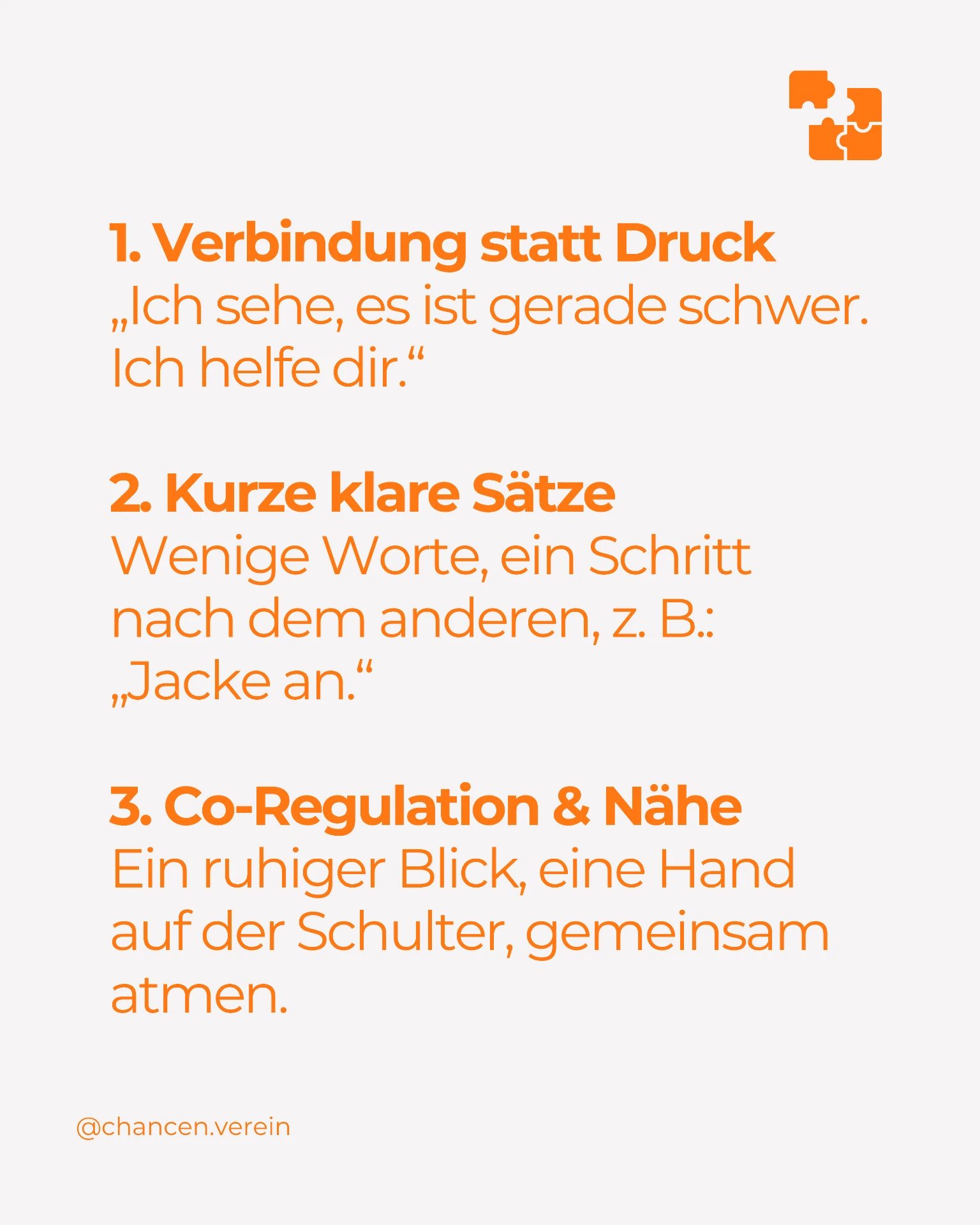 Grafik mit den Punkten 1 bis 3: Verbindung statt Druck, kurze klare Sätze, Co-Regulation und Nähe